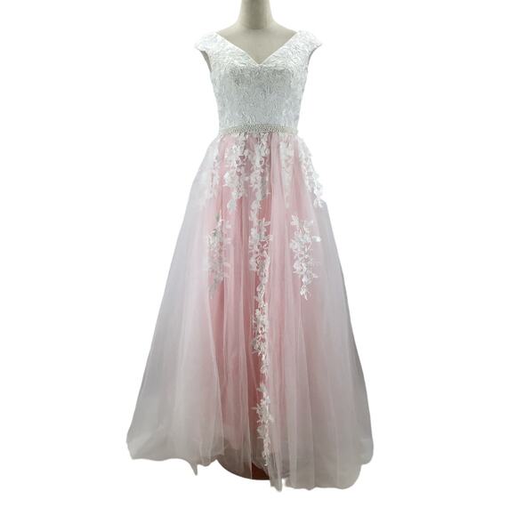 FORMAL 4 S White Pink Floral V-Neck Sleeveless Wedding Maxi Gown Dress new 0B2 - Picture 1 of 6